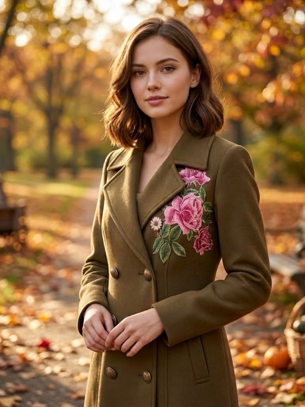ARATTA Silent J Olive Green Embroidered Long Trench coat with Pink Floral Detail